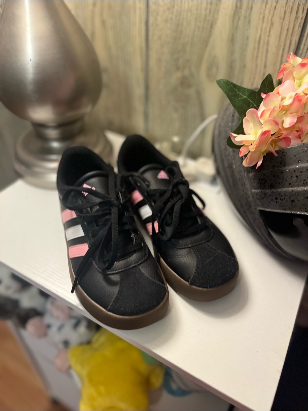 adidas Kids Black Sneakers with Pink & White Stripes